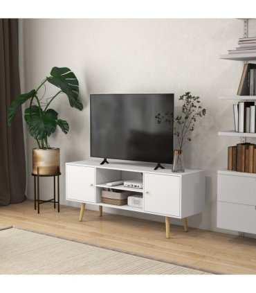 TV Stand Cabinet with Cable Management and Wood Legs Living Room, White