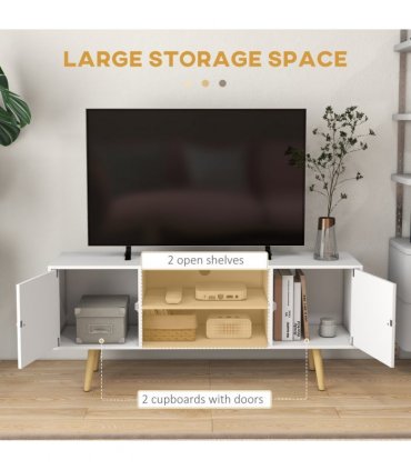 TV Stand Cabinet with Cable Management and Wood Legs Living Room, White