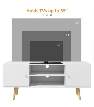 TV Stand Cabinet with Cable Management and Wood Legs Living Room, White