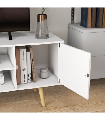 TV Stand Cabinet with Cable Management and Wood Legs Living Room, White
