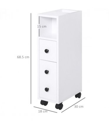 Bathroom Storage Unit Slimline 2 Drawers 2 Open Compartments Wheels White
