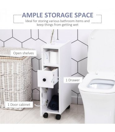 Bathroom Storage Unit Slimline 2 Drawers 2 Open Compartments Wheels White