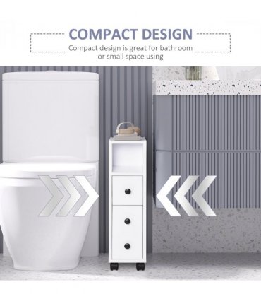 Bathroom Storage Unit Slimline 2 Drawers 2 Open Compartments Wheels White