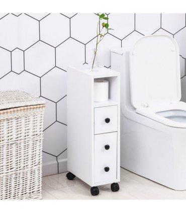 Bathroom Storage Unit Slimline 2 Drawers 2 Open Compartments Wheels White