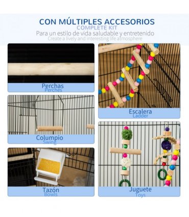 Metal Bird Cage for Budgies, Finches w/ Accessories, Toys, Tray, Handle - Black