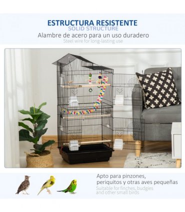 Metal Bird Cage for Budgies, Finches w/ Accessories, Toys, Tray, Handle - Black