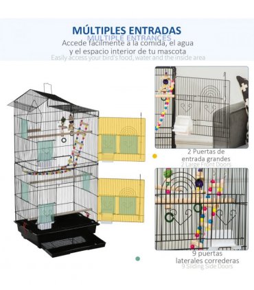 Metal Bird Cage for Budgies, Finches w/ Accessories, Toys, Tray, Handle - Black