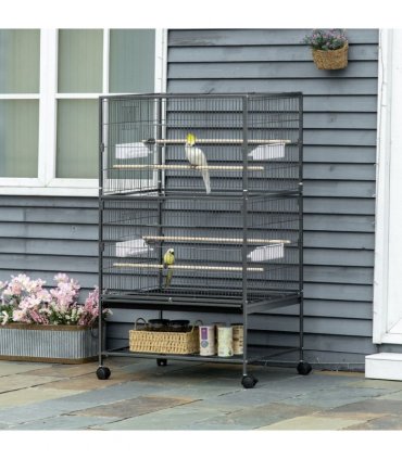 Bird Cage Aviary for Budgies Canaries w/ Rolling Stand Slide-Out Tray, Grey