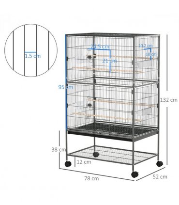Bird Cage Aviary for Budgies Canaries w/ Rolling Stand Slide-Out Tray, Grey