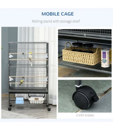 Bird Cage Aviary for Budgies Canaries w/ Rolling Stand Slide-Out Tray, Grey