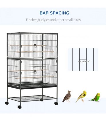 Bird Cage Aviary for Budgies Canaries w/ Rolling Stand Slide-Out Tray, Grey