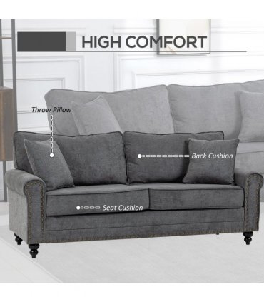2 Seater Sofas Fabric Sofa with Nailhead Trim Cushions and Throw Pillows Grey