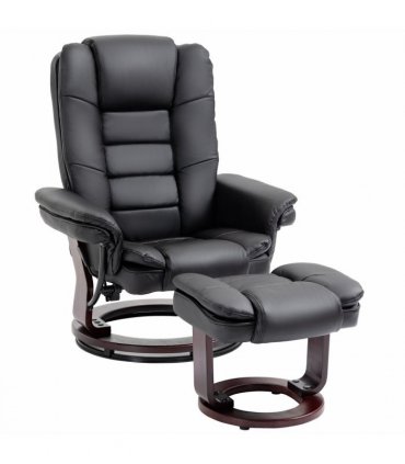 Swivel Manual Recliner and Footrest Set PU Lounge Chair Wood Base, Black