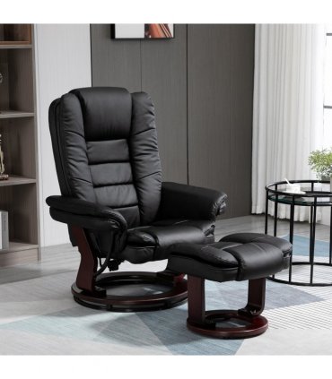 Swivel Manual Recliner and Footrest Set PU Lounge Chair Wood Base, Black