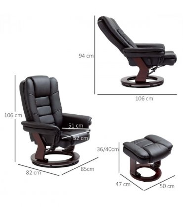 Swivel Manual Recliner and Footrest Set PU Lounge Chair Wood Base, Black