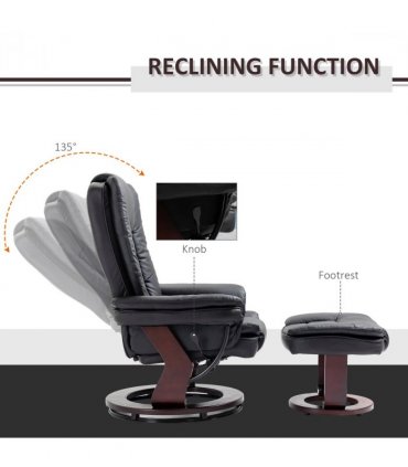 Swivel Manual Recliner and Footrest Set PU Lounge Chair Wood Base, Black