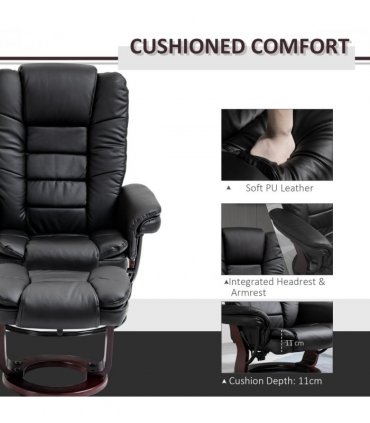 Swivel Manual Recliner and Footrest Set PU Lounge Chair Wood Base, Black
