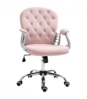 Velour Pink Office Chair Luxury Diamond Tufted Padded Ergonomic 360° Swivel