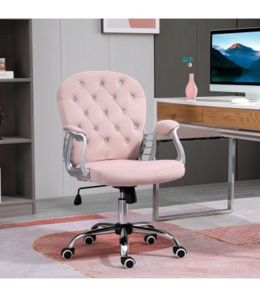 Velour Pink Office Chair Luxury Diamond Tufted Padded Ergonomic 360° Swivel