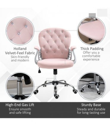 Velour Pink Office Chair Luxury Diamond Tufted Padded Ergonomic 360° Swivel