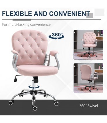 Velour Pink Office Chair Luxury Diamond Tufted Padded Ergonomic 360° Swivel