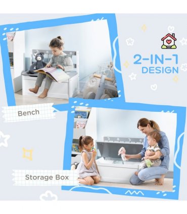 Two-In-One Wooden Toy Box, Kids Storage Bench w/ Safety Rod - Grey