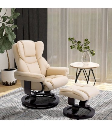 Padded PU Leather Manual Reclining Armchair Sofa Chair w/ Footstool Cream