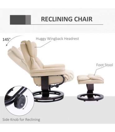 Padded PU Leather Manual Reclining Armchair Sofa Chair w/ Footstool Cream