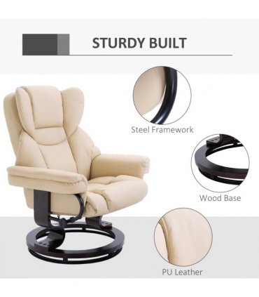 Padded PU Leather Manual Reclining Armchair Sofa Chair w/ Footstool Cream