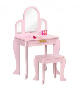 Kids Dressing Table and Stool w/ Mirror and Drawer, for Ages 3-6 Years - Pink