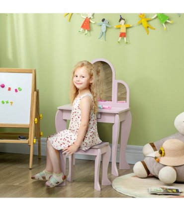 Kids Dressing Table and Stool w/ Mirror and Drawer, for Ages 3-6 Years - Pink