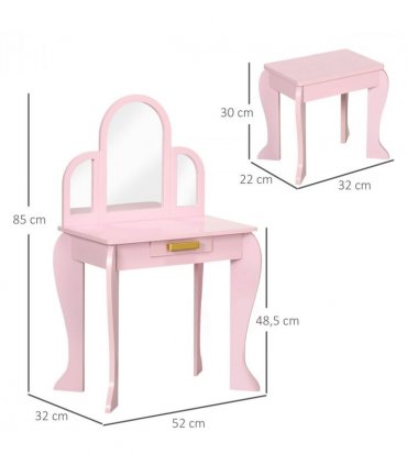 Kids Dressing Table and Stool w/ Mirror and Drawer, for Ages 3-6 Years - Pink