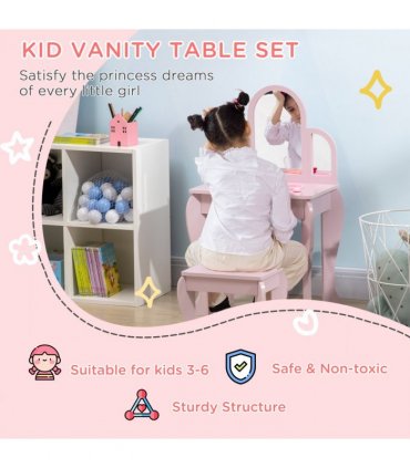 Kids Dressing Table and Stool w/ Mirror and Drawer, for Ages 3-6 Years - Pink