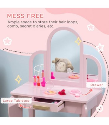 Kids Dressing Table and Stool w/ Mirror and Drawer, for Ages 3-6 Years - Pink