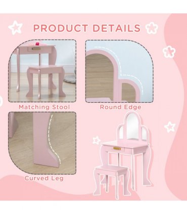 Kids Dressing Table and Stool w/ Mirror and Drawer, for Ages 3-6 Years - Pink