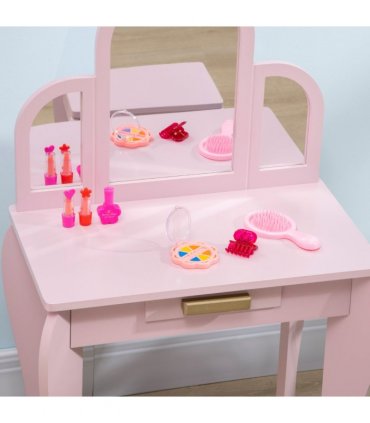 Kids Dressing Table and Stool w/ Mirror and Drawer, for Ages 3-6 Years - Pink