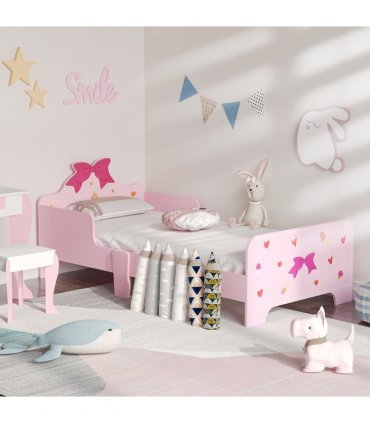 Princess-Themed Kids Toddler Bed w/ Cute Patterns, Safety Rails - Pink