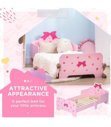 Princess-Themed Kids Toddler Bed w/ Cute Patterns, Safety Rails - Pink