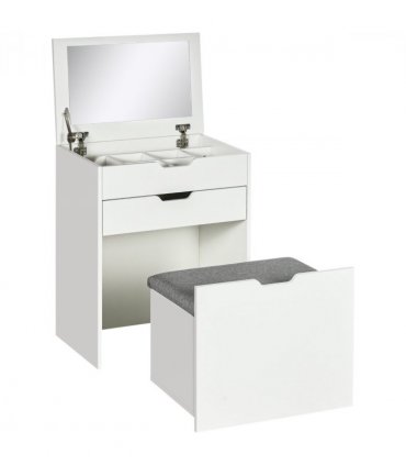 Dressing Table Set w/ Flip-up Mirror & Stool, Drawer and Compartments, White