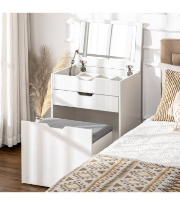 Dressing Table Set w/ Flip-up Mirror & Stool, Drawer and Compartments, White