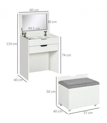 Dressing Table Set w/ Flip-up Mirror & Stool, Drawer and Compartments, White