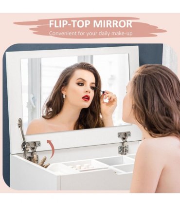 Dressing Table Set w/ Flip-up Mirror & Stool, Drawer and Compartments, White