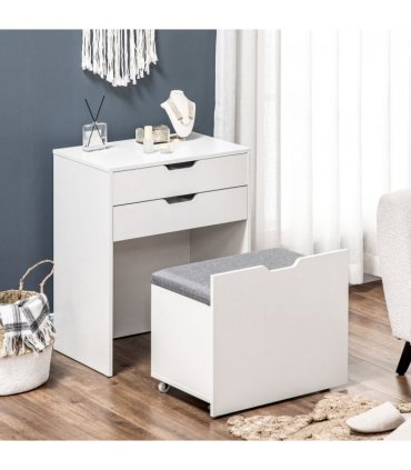 Dressing Table Set w/ Flip-up Mirror & Stool, Drawer and Compartments, White