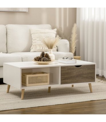 Modern Coffee Tables for Living Room w/ Storage Shelves, 2 Drawers, White