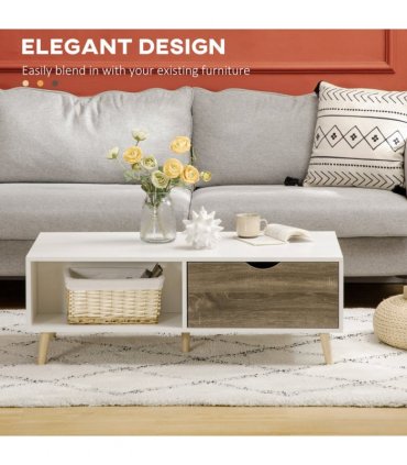 Modern Coffee Tables for Living Room w/ Storage Shelves, 2 Drawers, White