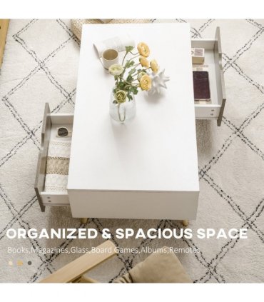 Modern Coffee Tables for Living Room w/ Storage Shelves, 2 Drawers, White