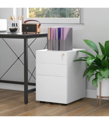 3 Drawer Metal Filing Cabinet Lockable 4 Wheels Compact Under Desk White