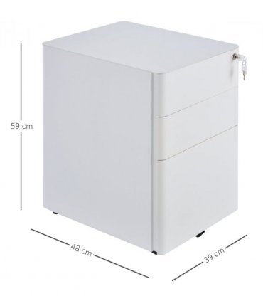 3 Drawer Metal Filing Cabinet Lockable 4 Wheels Compact Under Desk White