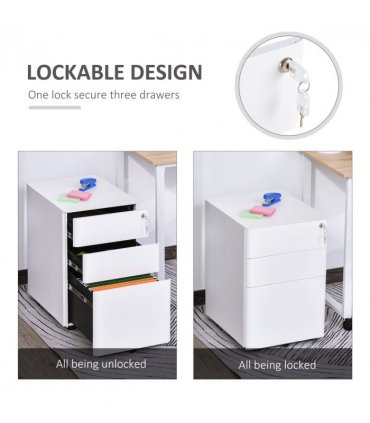 3 Drawer Metal Filing Cabinet Lockable 4 Wheels Compact Under Desk White