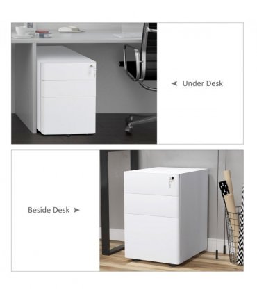 3 Drawer Metal Filing Cabinet Lockable 4 Wheels Compact Under Desk White